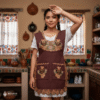 Brown Mexican embroidered smock apron with colorful floral traditional design, handmade artisan apron for women