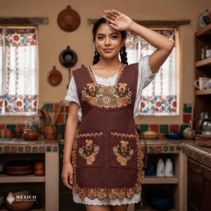 Brown Mexican embroidered smock apron with colorful floral traditional design, handmade artisan apron for women