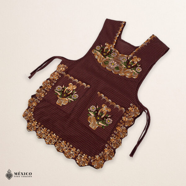 Brown Mexican embroidered smock apron with colorful floral traditional design, handmade artisan apron for women