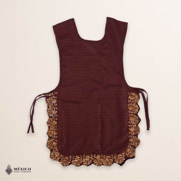 Brown Mexican embroidered smock apron with colorful floral traditional design, handmade artisan apron for women