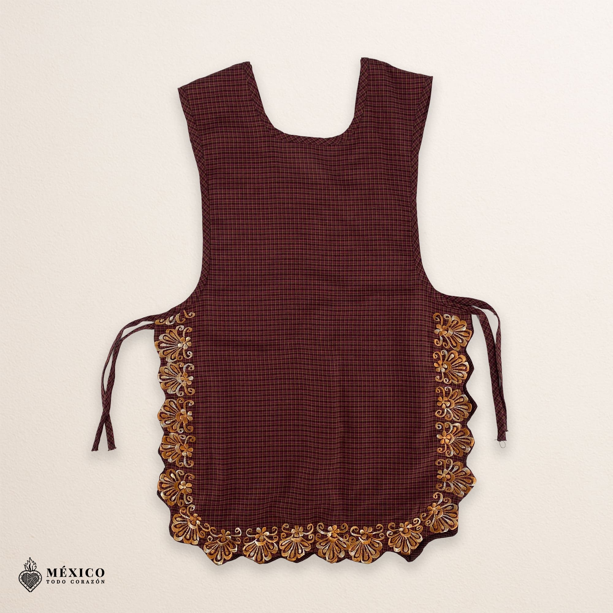 Brown Mexican embroidered smock apron with colorful floral traditional design, handmade artisan apron for women