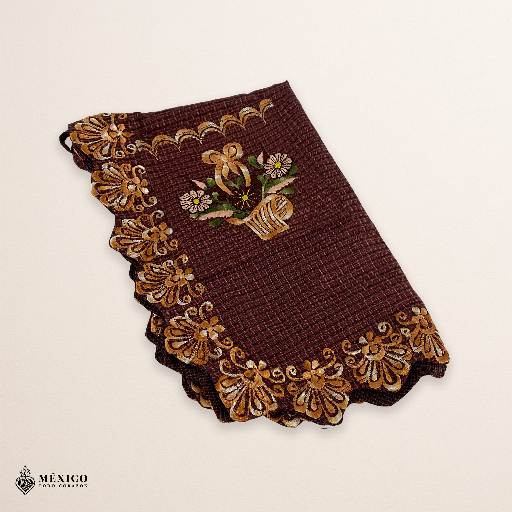 Brown Mexican embroidered smock apron with colorful floral traditional design, handmade artisan apron for women