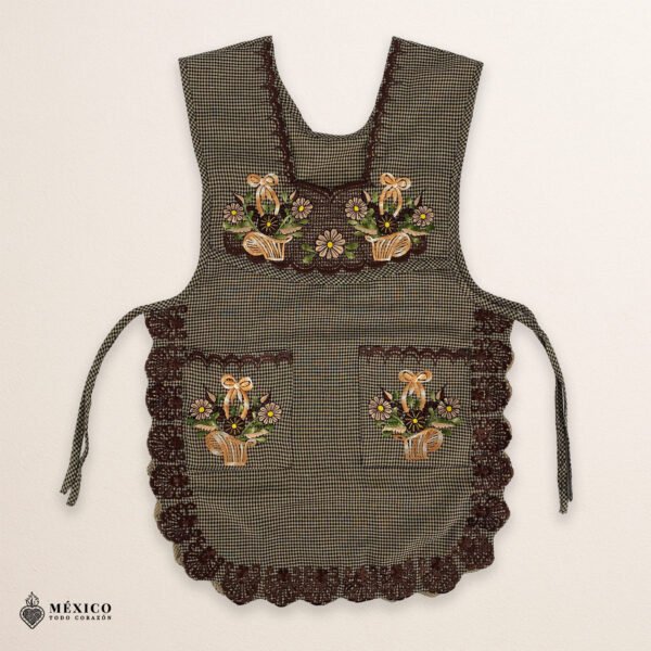 Brown Mexican embroidered smock apron with colorful floral traditional design, handmade artisan apron for women