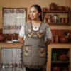 Brown Mexican embroidered smock apron with colorful floral traditional design, handmade artisan apron for women