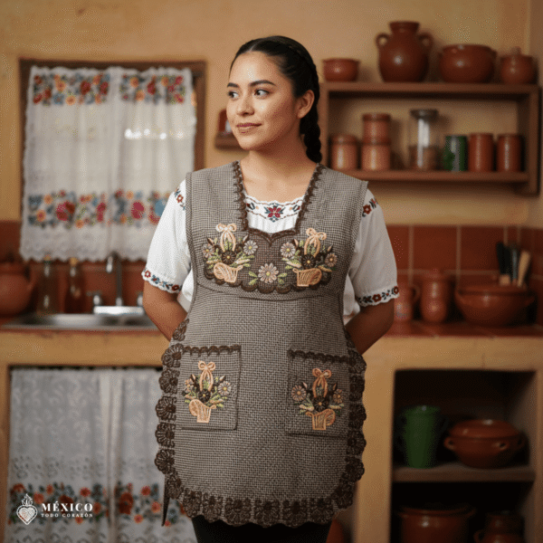 Brown Mexican embroidered smock apron with colorful floral traditional design, handmade artisan apron for women