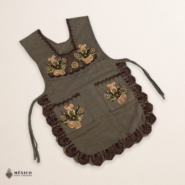 Brown Mexican embroidered smock apron with colorful floral traditional design, handmade artisan apron for women