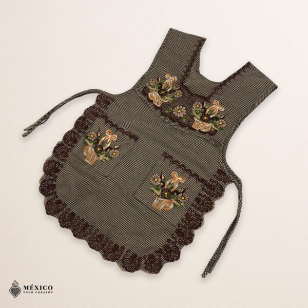 Brown Mexican embroidered smock apron with colorful floral traditional design, handmade artisan apron for women
