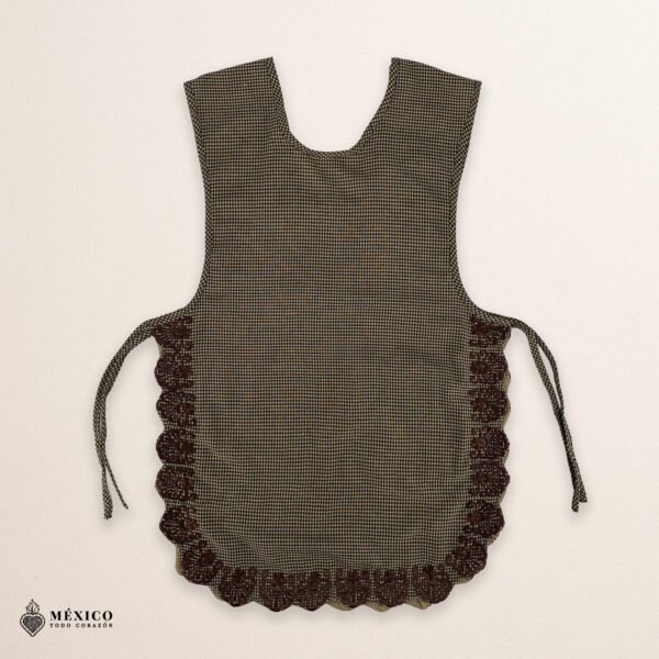 Brown Mexican embroidered smock apron with colorful floral traditional design, handmade artisan apron for women