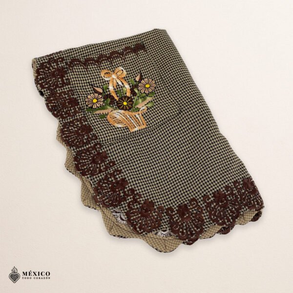 Brown Mexican embroidered smock apron with colorful floral traditional design, handmade artisan apron for women