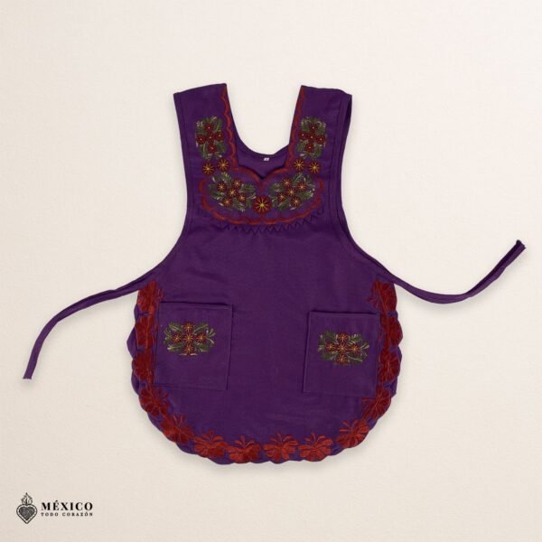 Purple Mexican embroidered smock apron with colorful floral traditional design, handmade traditional apron for women