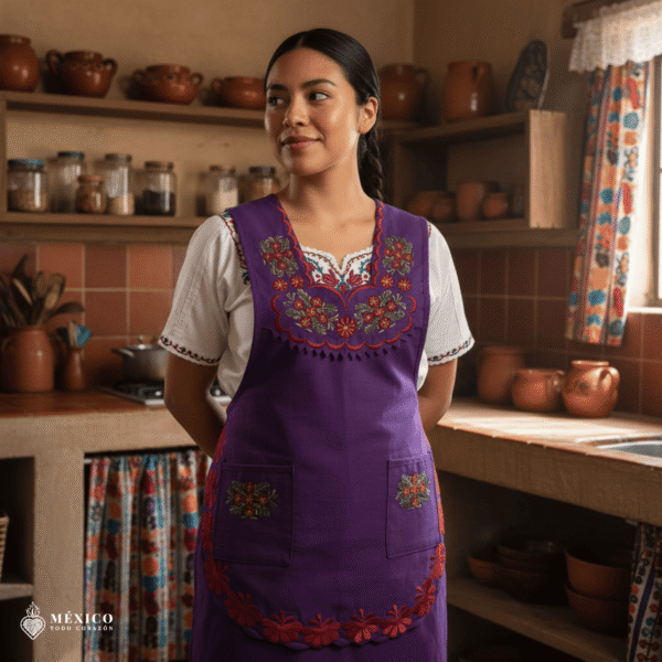 Purple Mexican embroidered smock apron with colorful floral traditional design, handmade traditional apron for women