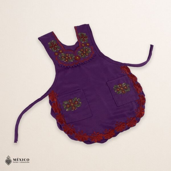 Purple Mexican embroidered smock apron with colorful floral traditional design, handmade traditional apron for women