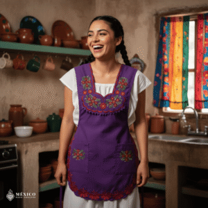 Purple Mexican embroidered smock apron with colorful floral traditional design, handmade traditional apron for women