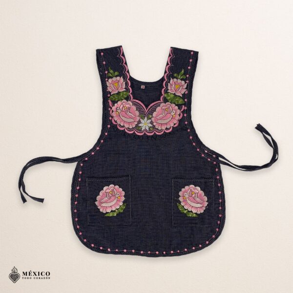 Pink and blue Mexican embroidered smock apron with floral traditional design, handmade artisan apron for women inspired by Mexican culture