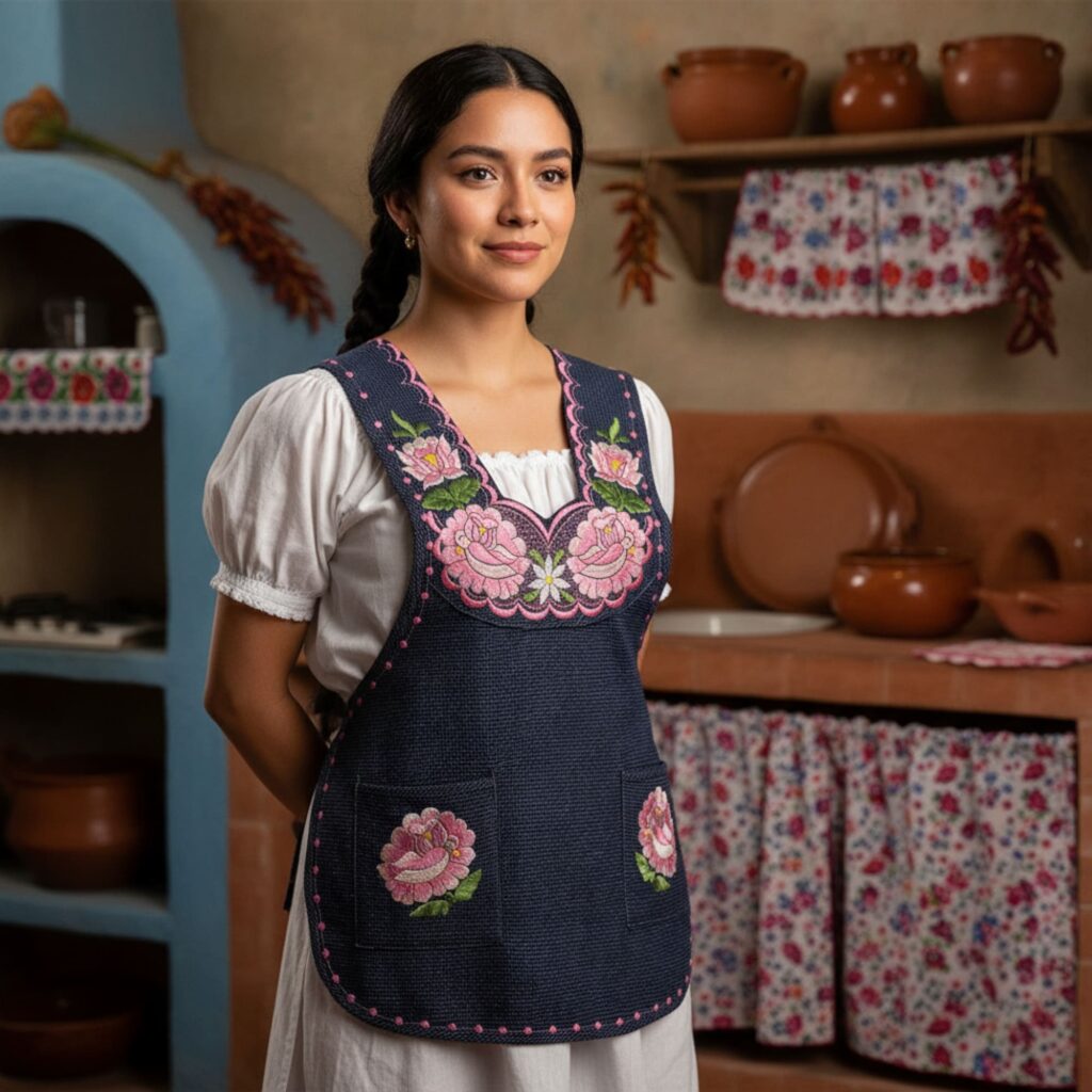 Mexican embroidered smock apron with colorful floral traditional design, handmade traditional apron for women