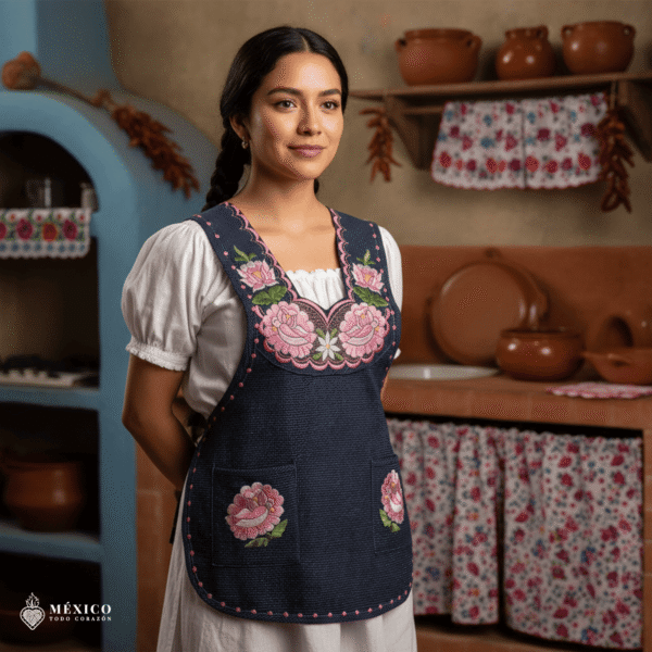 Pink and blue Mexican embroidered smock apron with floral traditional design, handmade artisan apron for women inspired by Mexican culture