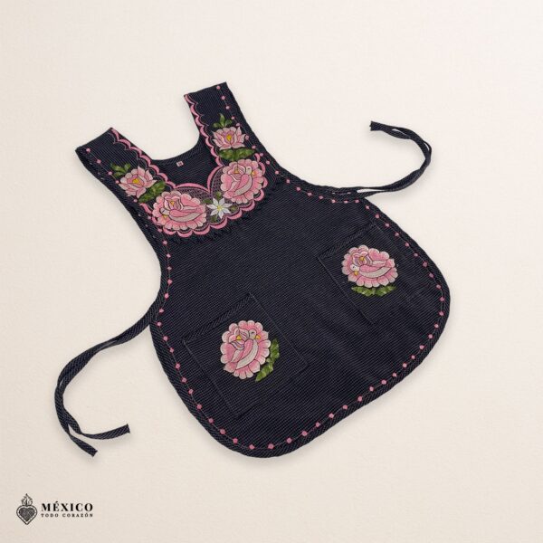 Pink and blue Mexican embroidered smock apron with floral traditional design, handmade artisan apron for women inspired by Mexican culture
