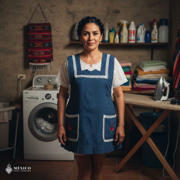 Blue Mexican embroidered apron made of essential cotton, handmade kitchen apron featuring traditional floral embroidery inspired by Mexican craftsmanship