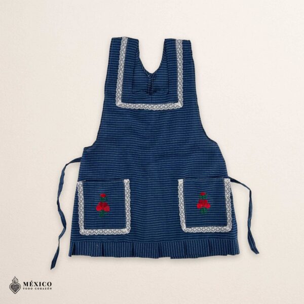 Blue Mexican embroidered apron made of essential cotton, handmade kitchen apron featuring traditional floral embroidery inspired by Mexican craftsmanship