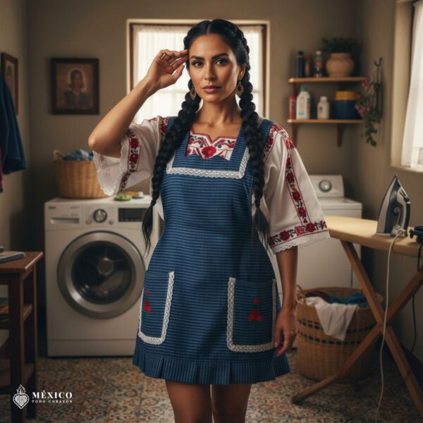 Blue Mexican embroidered apron made of essential cotton, handmade kitchen apron featuring traditional floral embroidery inspired by Mexican craftsmanship