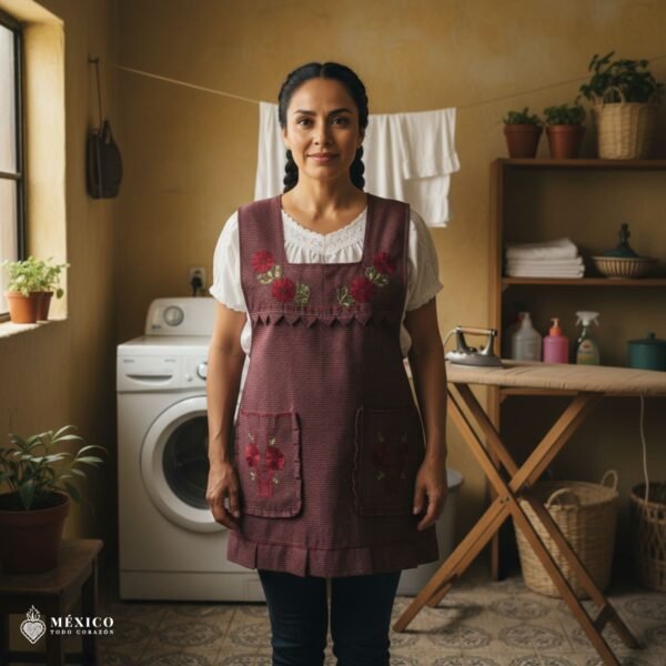 Wine Mexican embroidered apron made of essential cotton, handmade kitchen apron featuring traditional floral embroidery inspired by Mexican craftsmanship