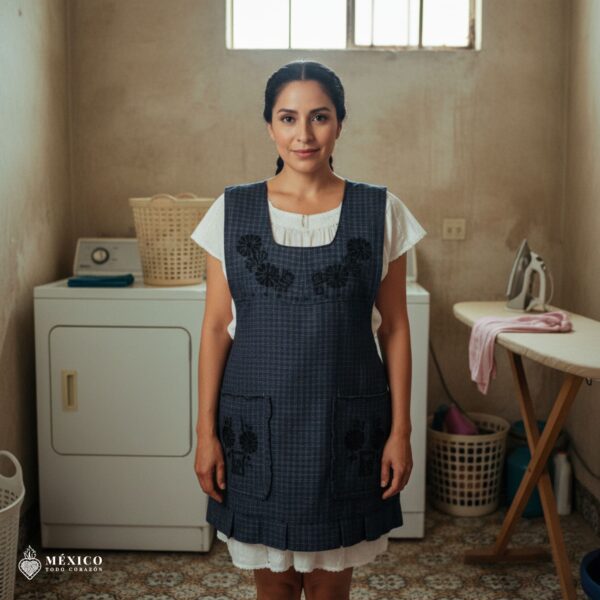 Black Mexican embroidered apron made of essential cotton, handmade kitchen apron featuring traditional floral embroidery inspired by Mexican craftsmanship