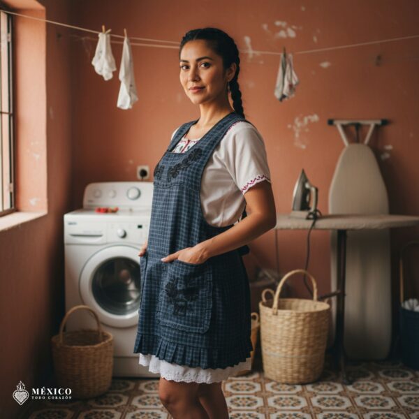Black Mexican embroidered apron made of essential cotton, handmade kitchen apron featuring traditional floral embroidery inspired by Mexican craftsmanship