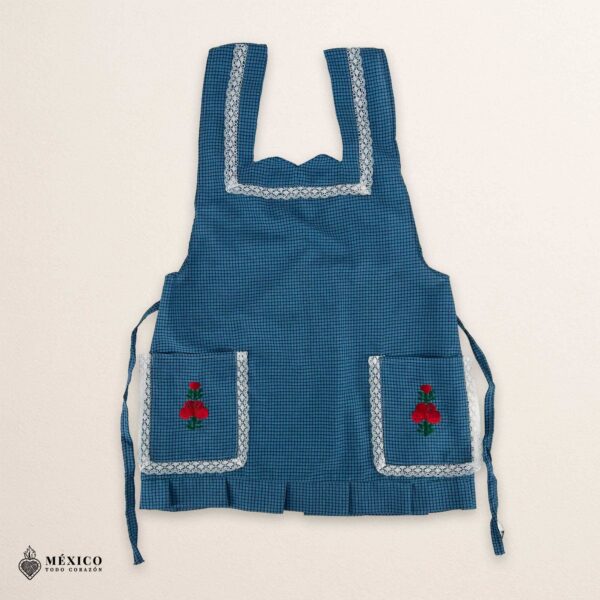 Blue Mexican embroidered apron made of essential cotton, handmade kitchen apron featuring traditional floral embroidery inspired by Mexican craftsmanship
