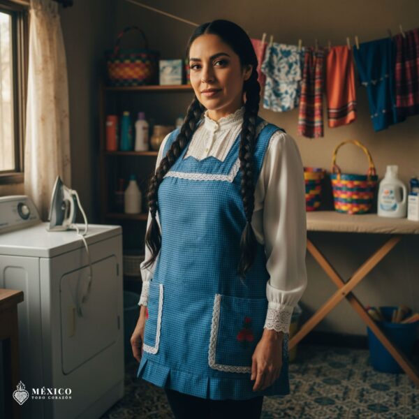 Blue Mexican embroidered apron made of essential cotton, handmade kitchen apron featuring traditional floral embroidery inspired by Mexican craftsmanship