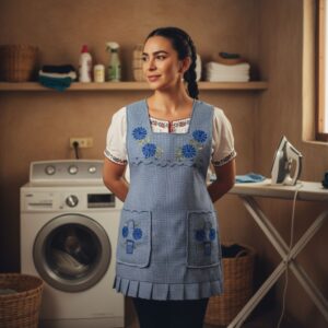 Blue Mexican embroidered apron made of essential cotton, handmade kitchen apron featuring traditional floral embroidery inspired by Mexican craftsmanship