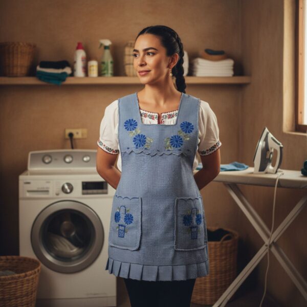Blue Mexican embroidered apron made of essential cotton, handmade kitchen apron featuring traditional floral embroidery inspired by Mexican craftsmanship