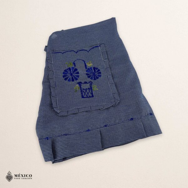 Blue Mexican embroidered apron made of essential cotton, handmade kitchen apron featuring traditional floral embroidery inspired by Mexican craftsmanship