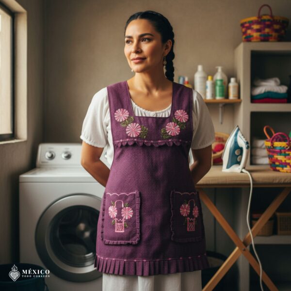 Mexican embroidered apron made of essential cotton, handmade kitchen apron featuring traditional floral embroidery inspired by Mexican craftsmanship