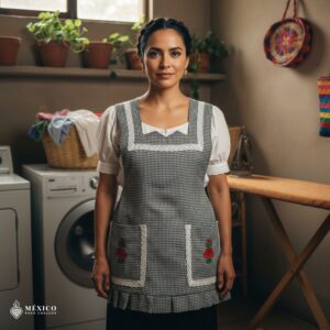 Mexican embroidered apron made of essential cotton, handmade kitchen apron featuring traditional floral embroidery inspired by Mexican craftsmanship