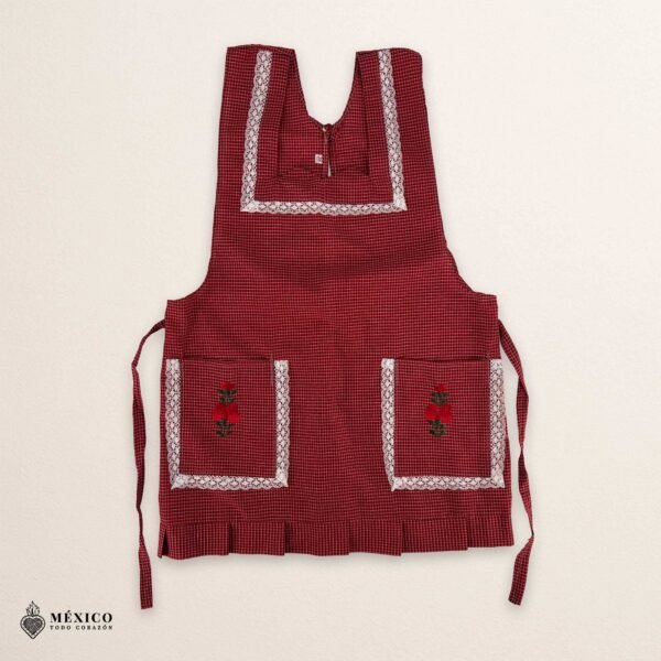 Red Mexican embroidered apron made of essential cotton, handmade kitchen apron featuring traditional floral embroidery inspired by Mexican craftsmanship