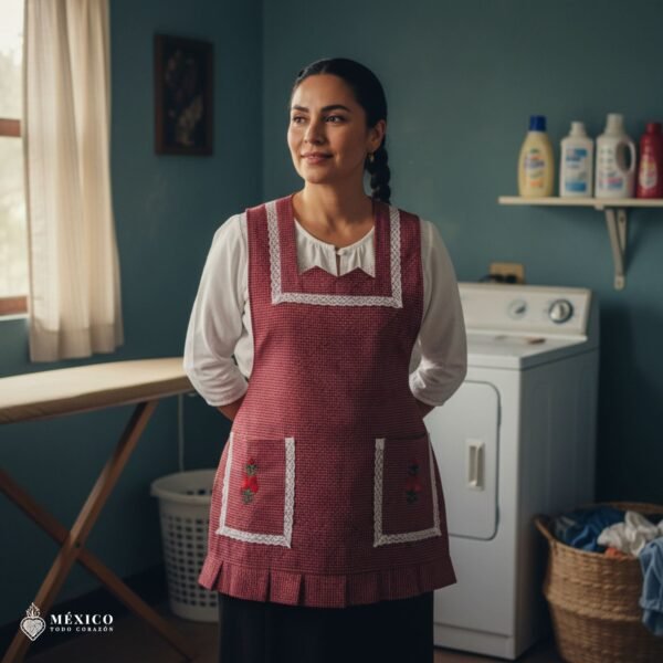 Red Mexican embroidered apron made of essential cotton, handmade kitchen apron featuring traditional floral embroidery inspired by Mexican craftsmanship