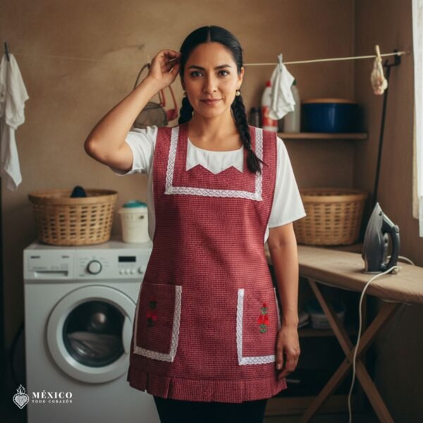 Red Mexican embroidered apron made of essential cotton, handmade kitchen apron featuring traditional floral embroidery inspired by Mexican craftsmanship
