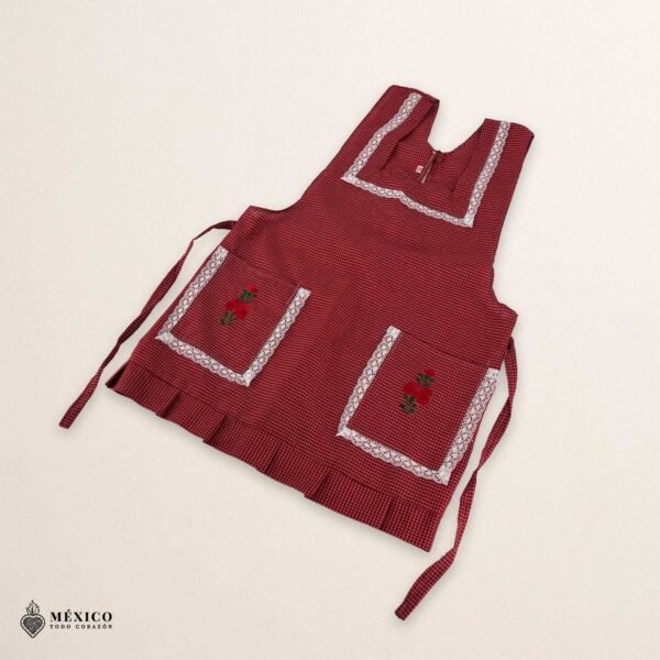Red Mexican embroidered apron made of essential cotton, handmade kitchen apron featuring traditional floral embroidery inspired by Mexican craftsmanship
