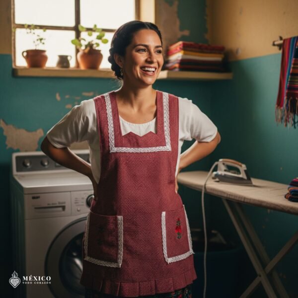 Red Mexican embroidered apron made of essential cotton, handmade kitchen apron featuring traditional floral embroidery inspired by Mexican craftsmanship