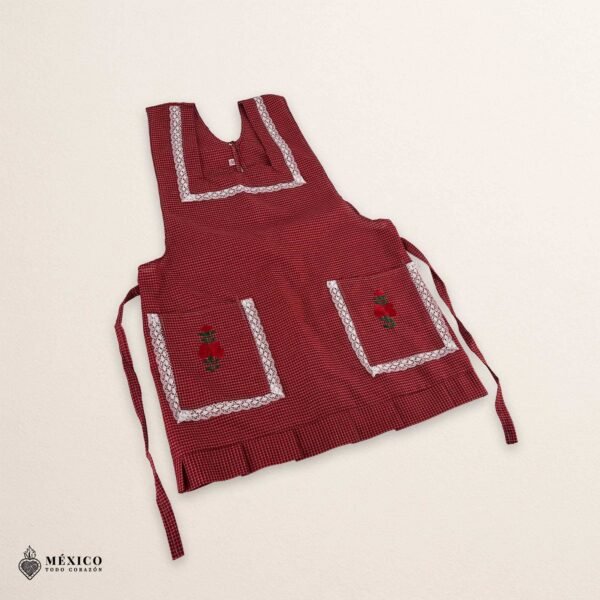 Red Mexican embroidered apron made of essential cotton, handmade kitchen apron featuring traditional floral embroidery inspired by Mexican craftsmanship