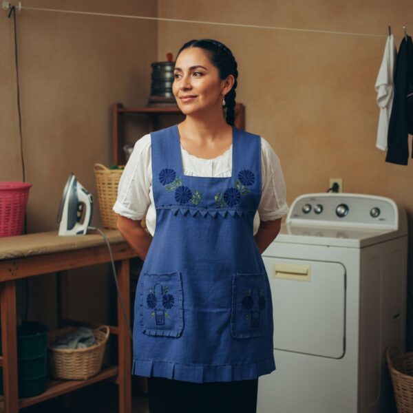 Blue Mexican embroidered apron made of essential cotton, handmade kitchen apron featuring traditional floral embroidery inspired by Mexican craftsmanship