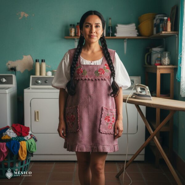 Red Mexican embroidered apron made of essential cotton, handmade kitchen apron featuring traditional floral embroidery inspired by Mexican craftsmanship