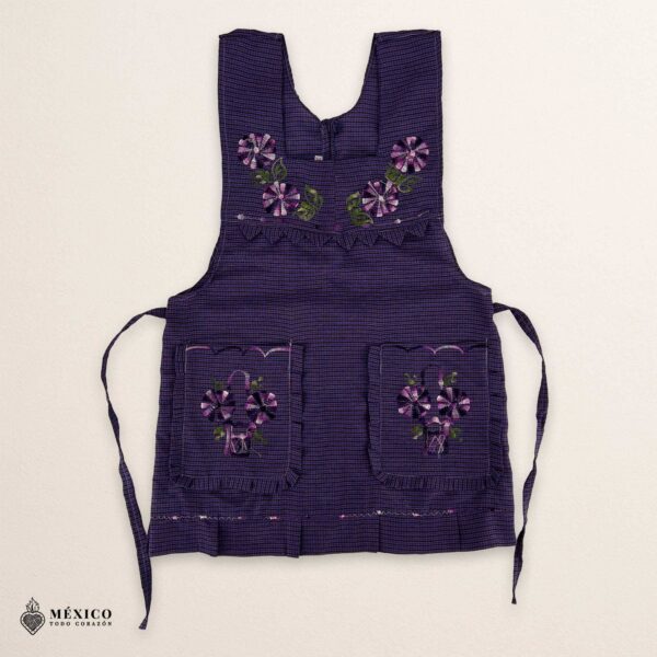 Purple Mexican embroidered apron made of essential cotton, handmade kitchen apron featuring traditional floral embroidery inspired by Mexican craftsmanship