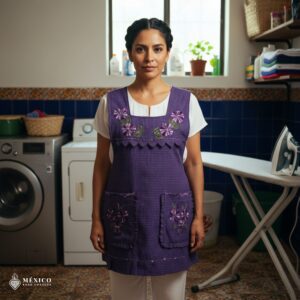 Purple Mexican embroidered apron made of essential cotton, handmade kitchen apron featuring traditional floral embroidery inspired by Mexican craftsmanship