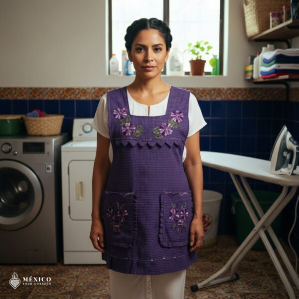 Purple Mexican embroidered apron made of essential cotton, handmade kitchen apron featuring traditional floral embroidery inspired by Mexican craftsmanship