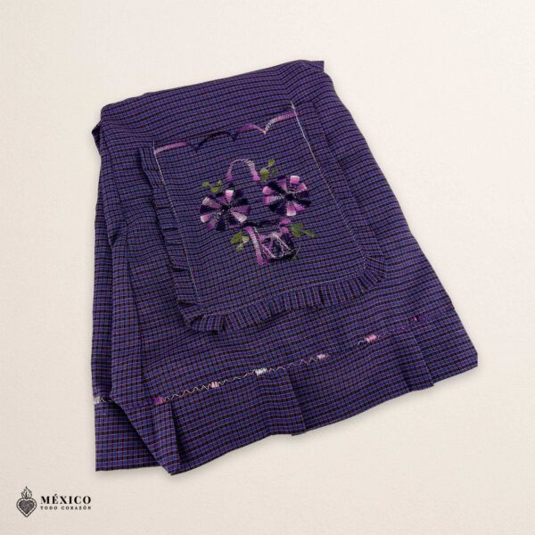 Purple Mexican embroidered apron made of essential cotton, handmade kitchen apron featuring traditional floral embroidery inspired by Mexican craftsmanship