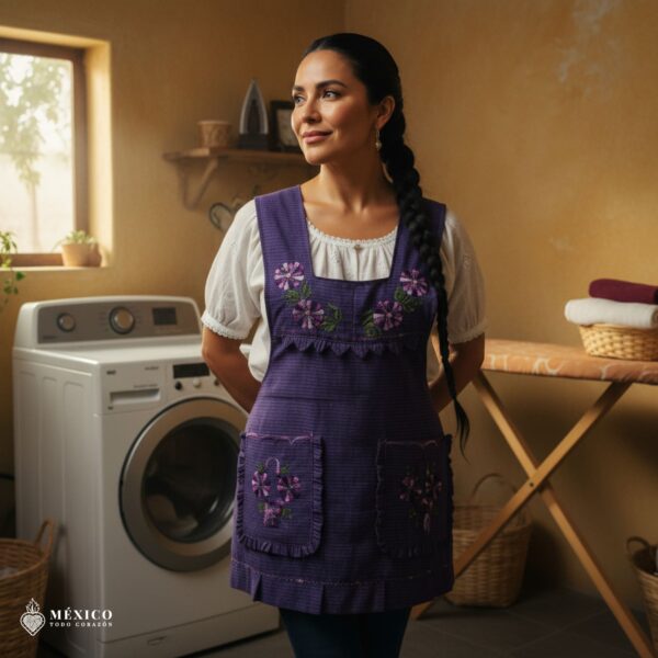 Purple Mexican embroidered apron made of essential cotton, handmade kitchen apron featuring traditional floral embroidery inspired by Mexican craftsmanship