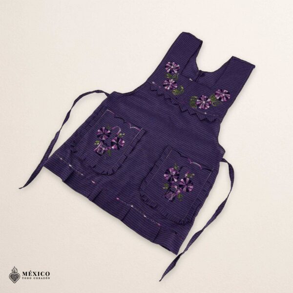 Purple Mexican embroidered apron made of essential cotton, handmade kitchen apron featuring traditional floral embroidery inspired by Mexican craftsmanship