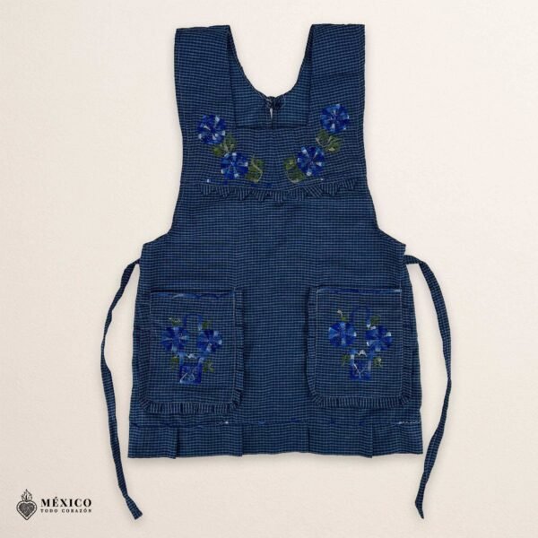 Blue Mexican embroidered apron made of essential cotton, handmade kitchen apron featuring traditional floral embroidery inspired by Mexican craftsmanship