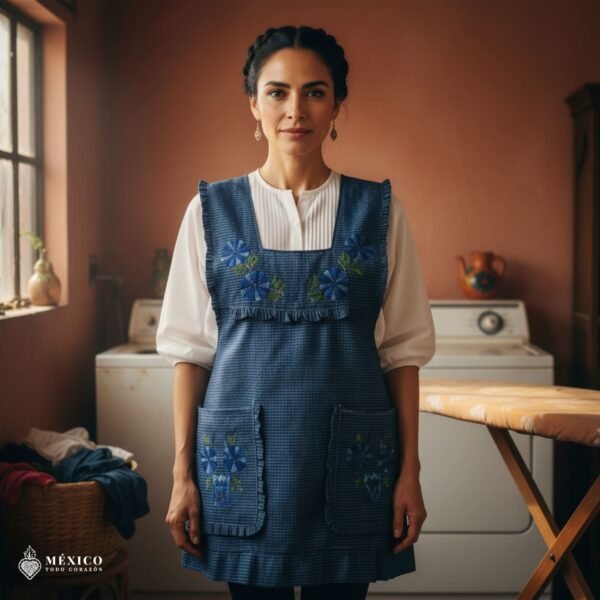 Blue Mexican embroidered apron made of essential cotton, handmade kitchen apron featuring traditional floral embroidery inspired by Mexican craftsmanship